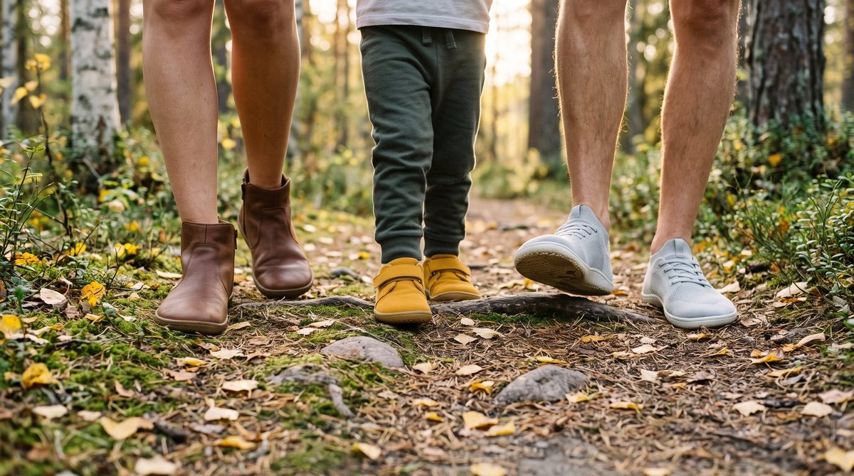 Familj i barfotaskor på en skogsstig en höstdag